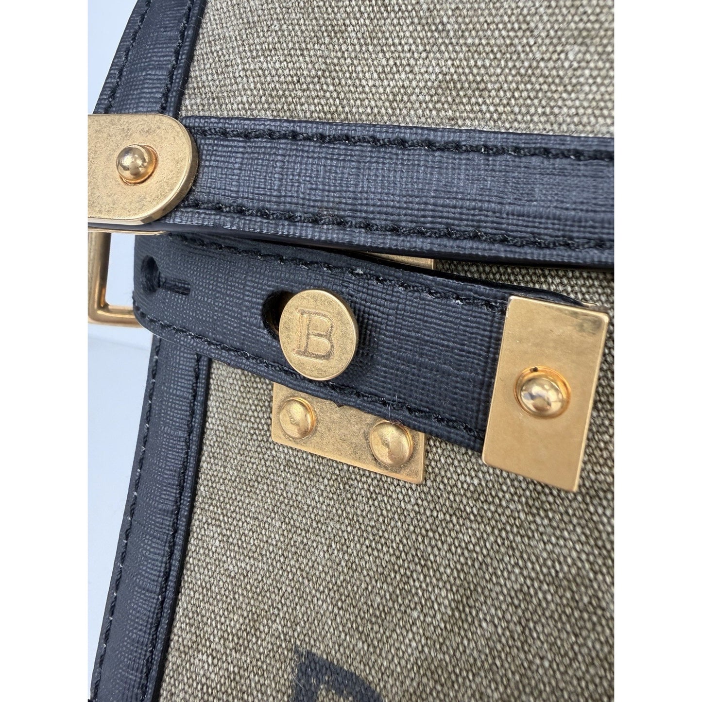 Balmain B-Buzz 23 Bag in Khaki Canvas & Black Leather with Gold-Tone Hardware S4