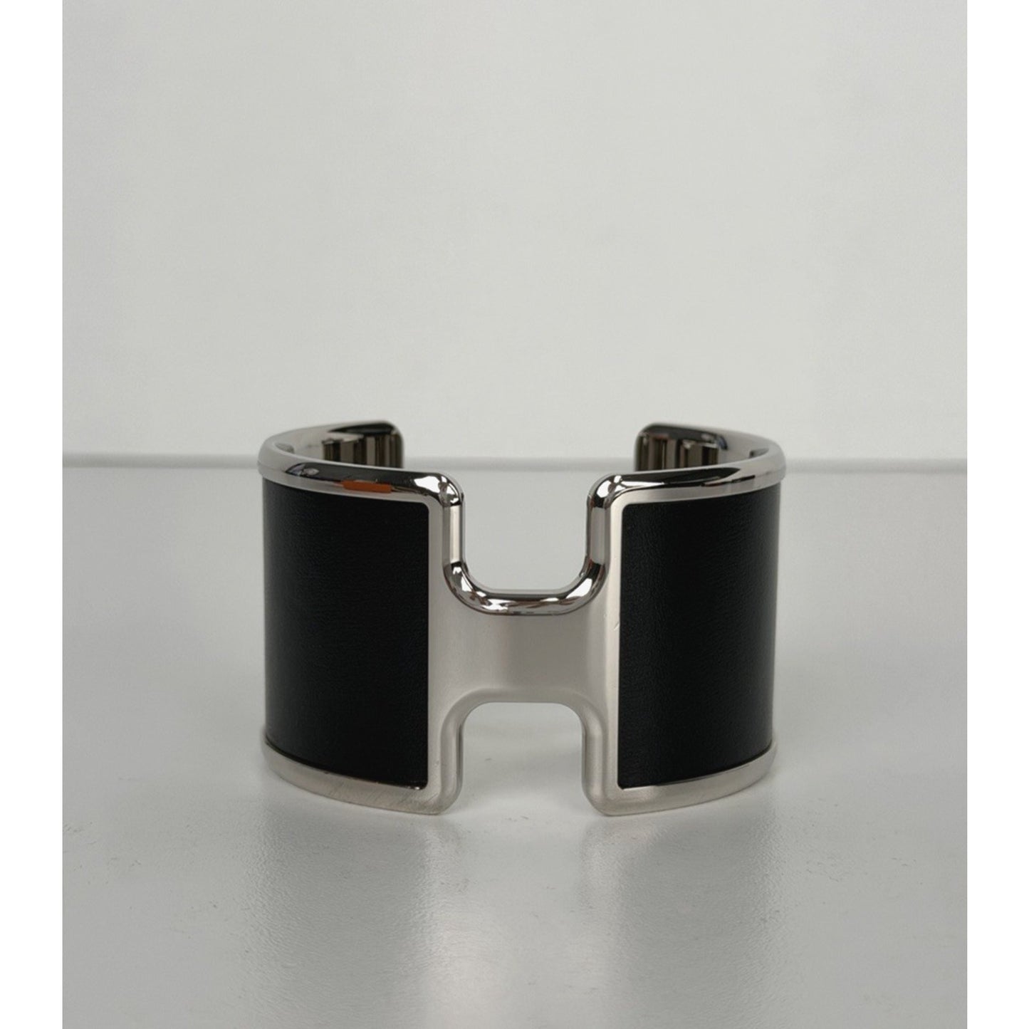 Hermes Olympe Cuff Bracelet in Black Leather and Palladium Plated Metal
