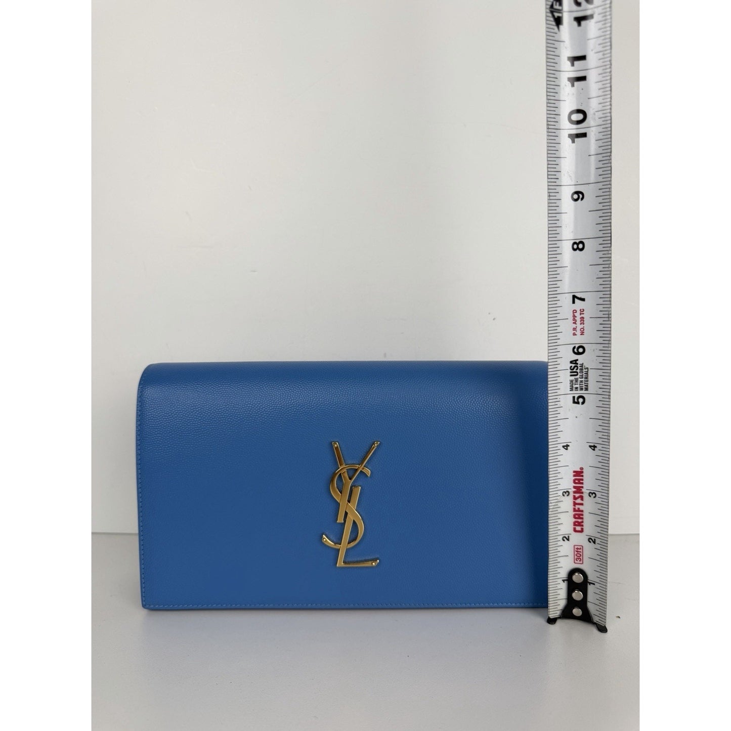 Saint Laurent Monogram Cassandre Clutch Bag in Blue Grain de Poudre Leather S-13