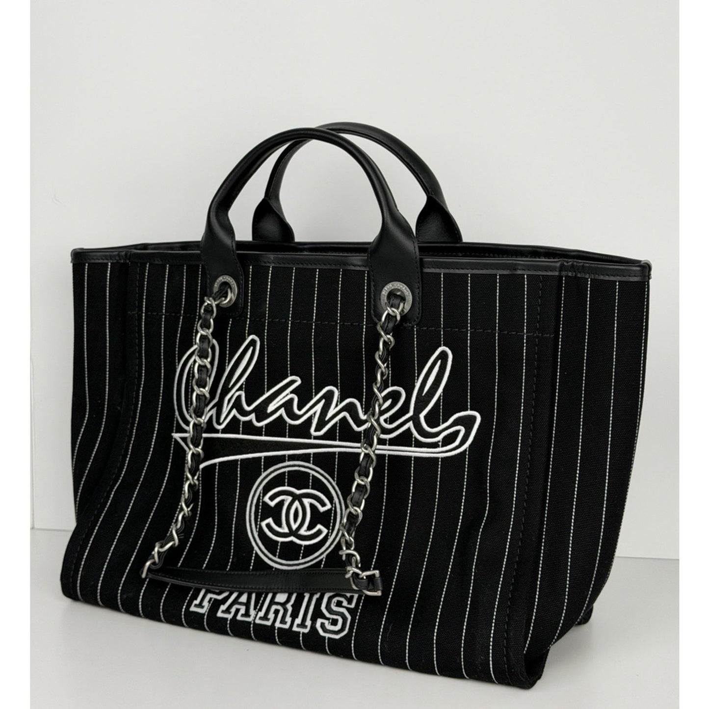 Chanel Deauville Large Shopping Tote Bag in Black and White Striped Canvas R1