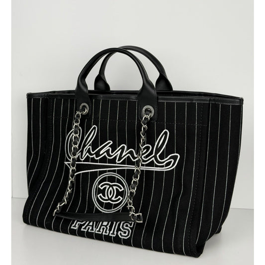 Chanel Deauville Large Shopping Tote Bag in Black and White Striped Canvas R1