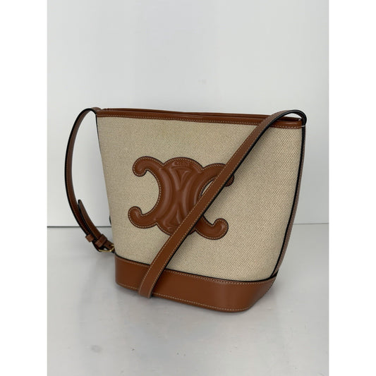Celine Cuir Triomphe Small Bucket Crossbody Bag Natural Canvas & Tan Leather S19