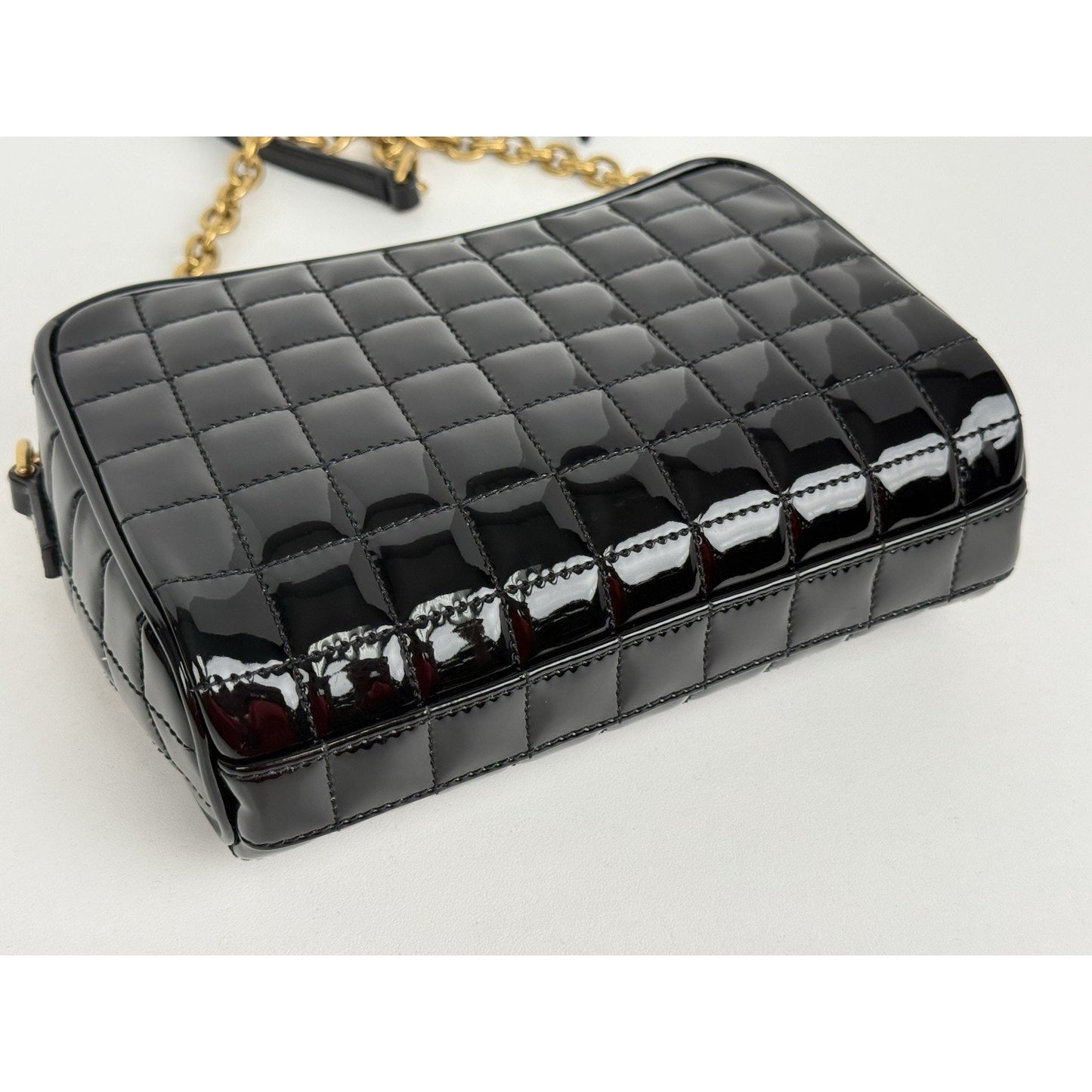 Saint Laurent Patent Calfskin Carré Quilted Cassandre Mini Camera Bag Black