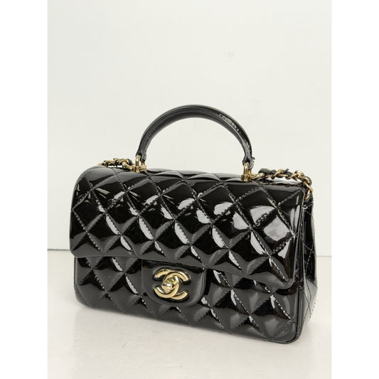 Chanel Mini Top Handle Flap Bag in Black Patent Quilted Leather NFC E9