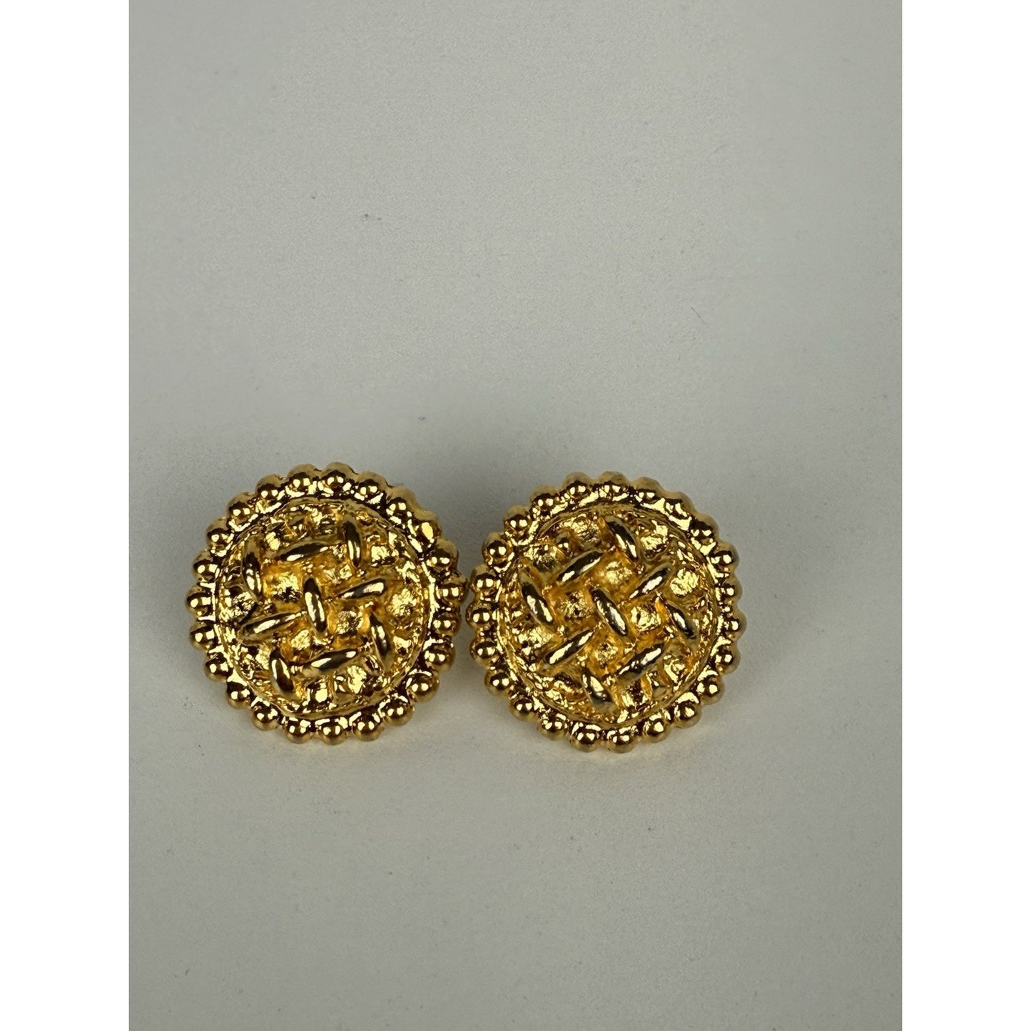 Chanel Vintage Woven Button Large Round Gold Tone Clip On Earrings