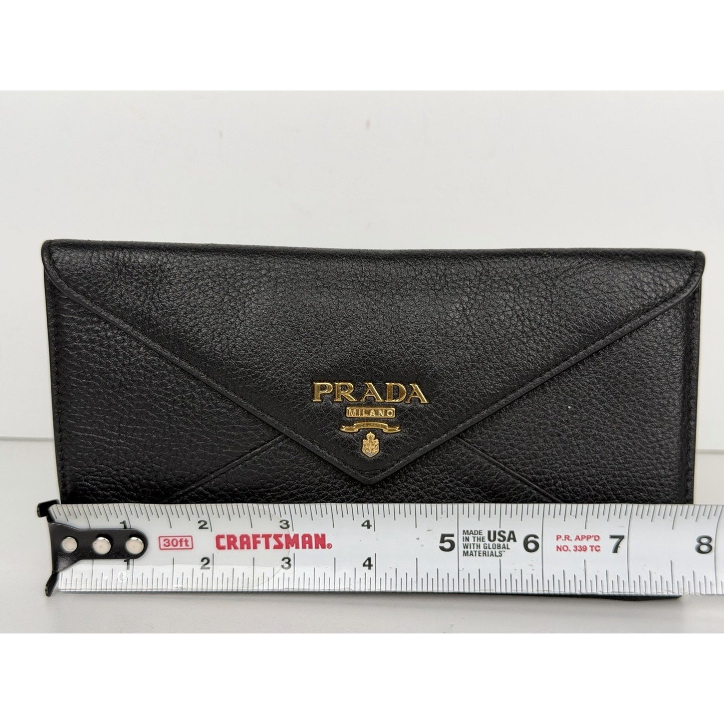 Prada Vitello Grain Envelope Wallet in Black Leather and Gold-Tone Hardware