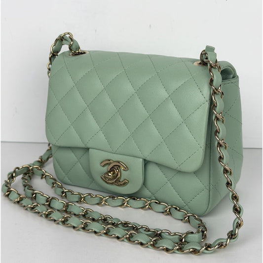 Chanel Mini Square Classic Flap Bag in a Light Green Lambskin Leather NFC
