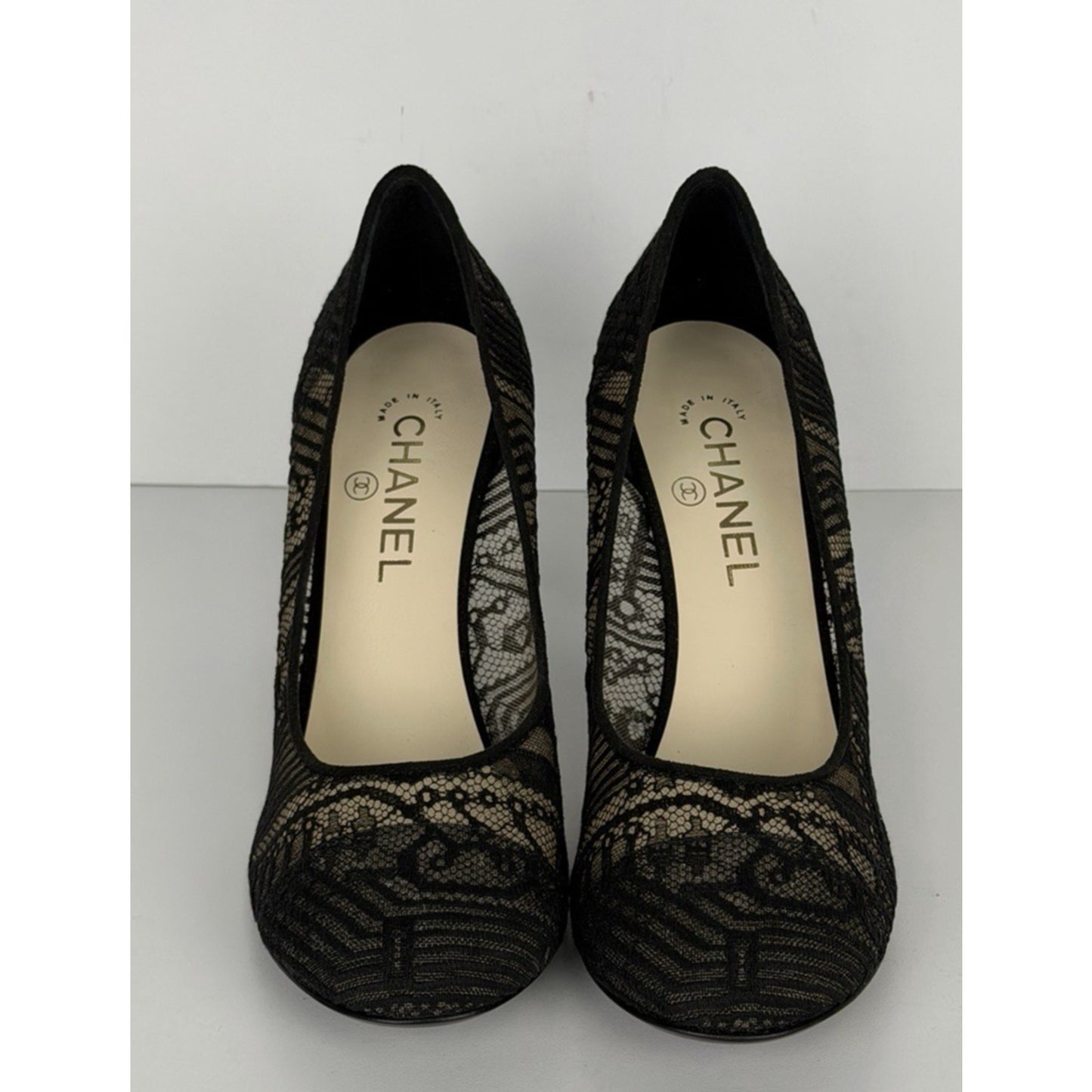 Chanel Black Lace and Mesh Pumps with Suede Heels Size 40