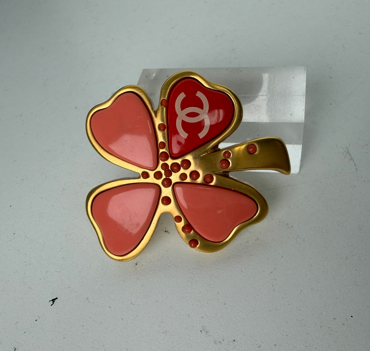 Chanel Gold-Plated and Resin CC Clover Brooch Spring 2003 Collection by Karl Lagerfeld K1