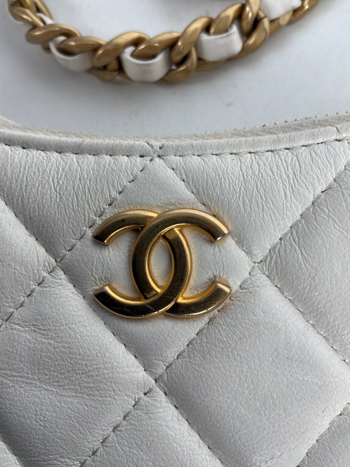 Chanel Lambskin Quilted Chain Around Top Handle Mini Bag White D4