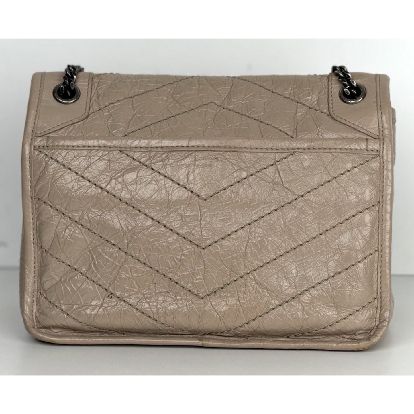 Saint Laurent Signature Niki Bag Small Light Taupe Crinkled Calfskin Leather S09