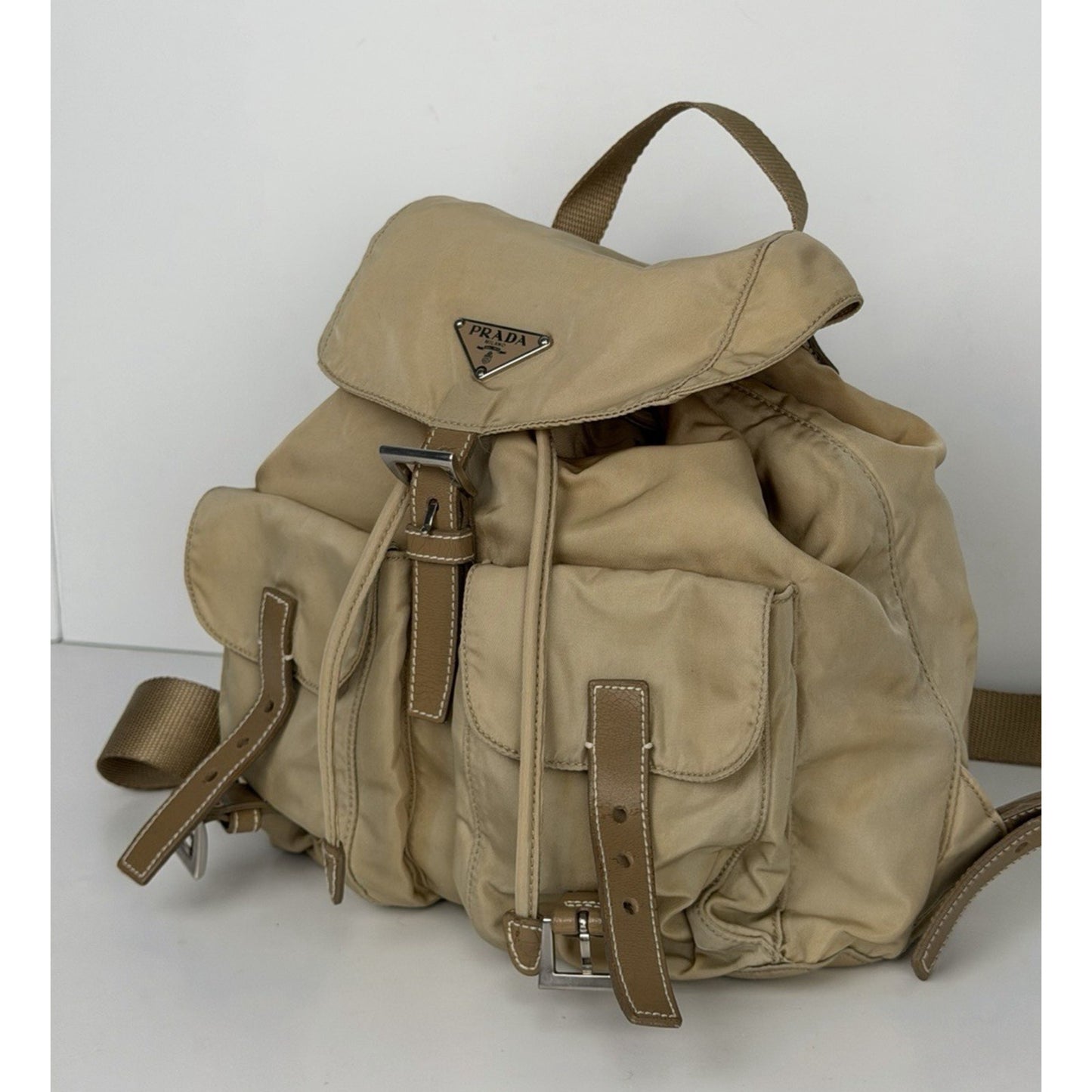 Prada Beige Re-Nylon and Saffiano Leather Backpack S10
