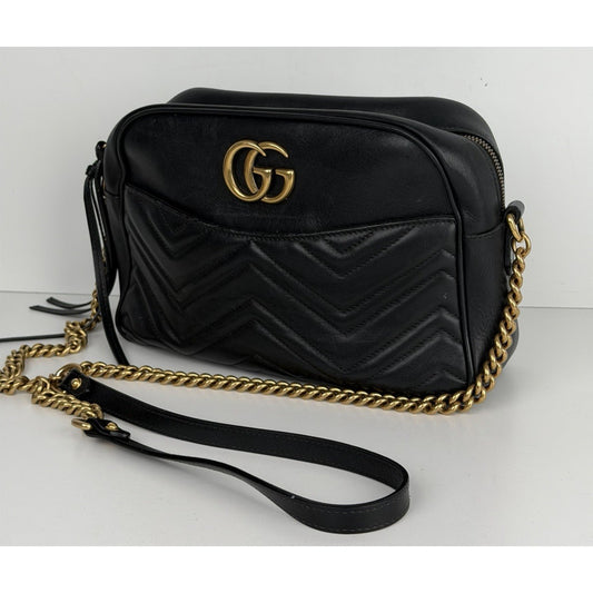 Gucci GG Marmont Matelasse Shoulder Bag Medium Black Leather Chevron Pattern S16