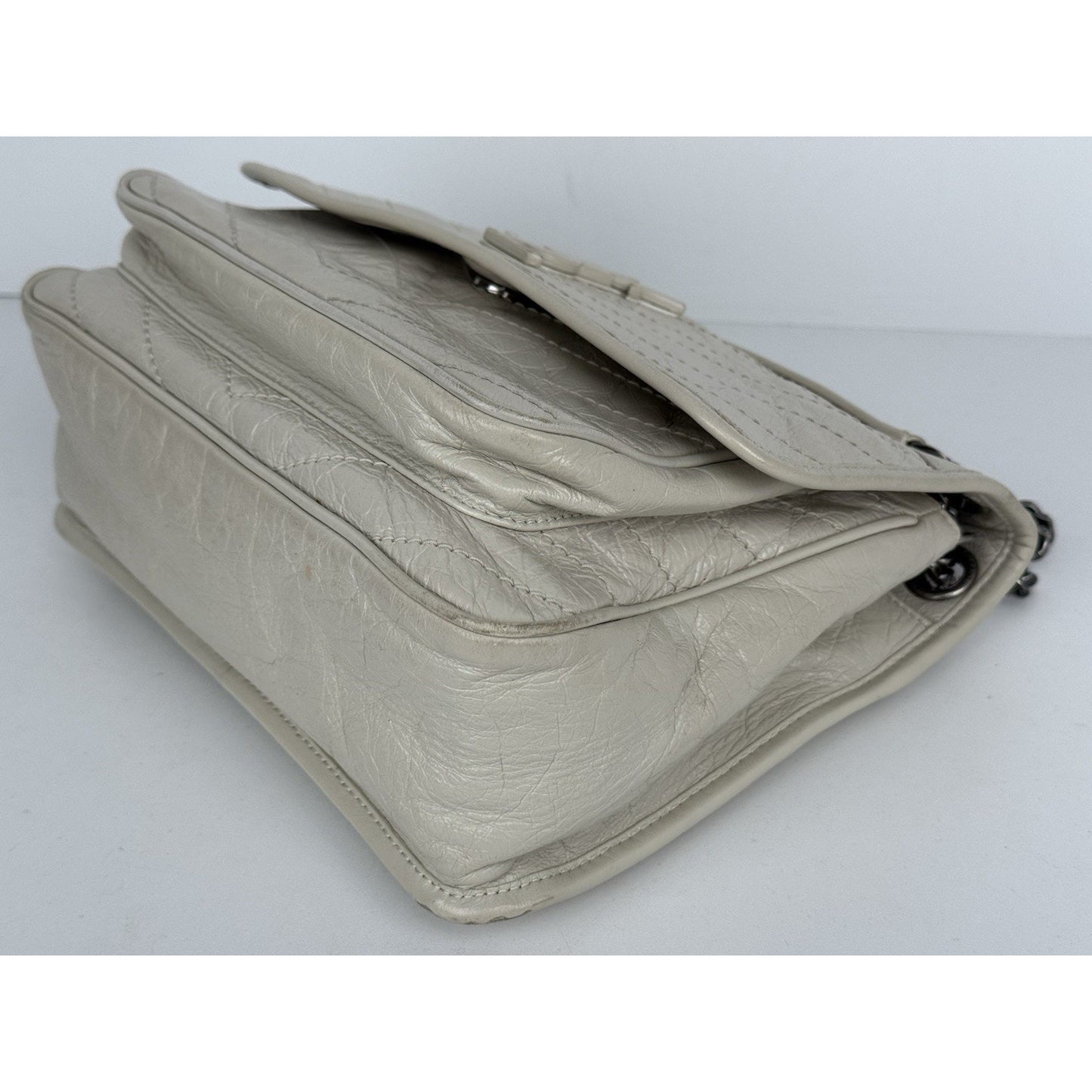 Saint Laurent Niki Medium Chain Satchel Crinkled Calfskin Matelassé Crema Soft