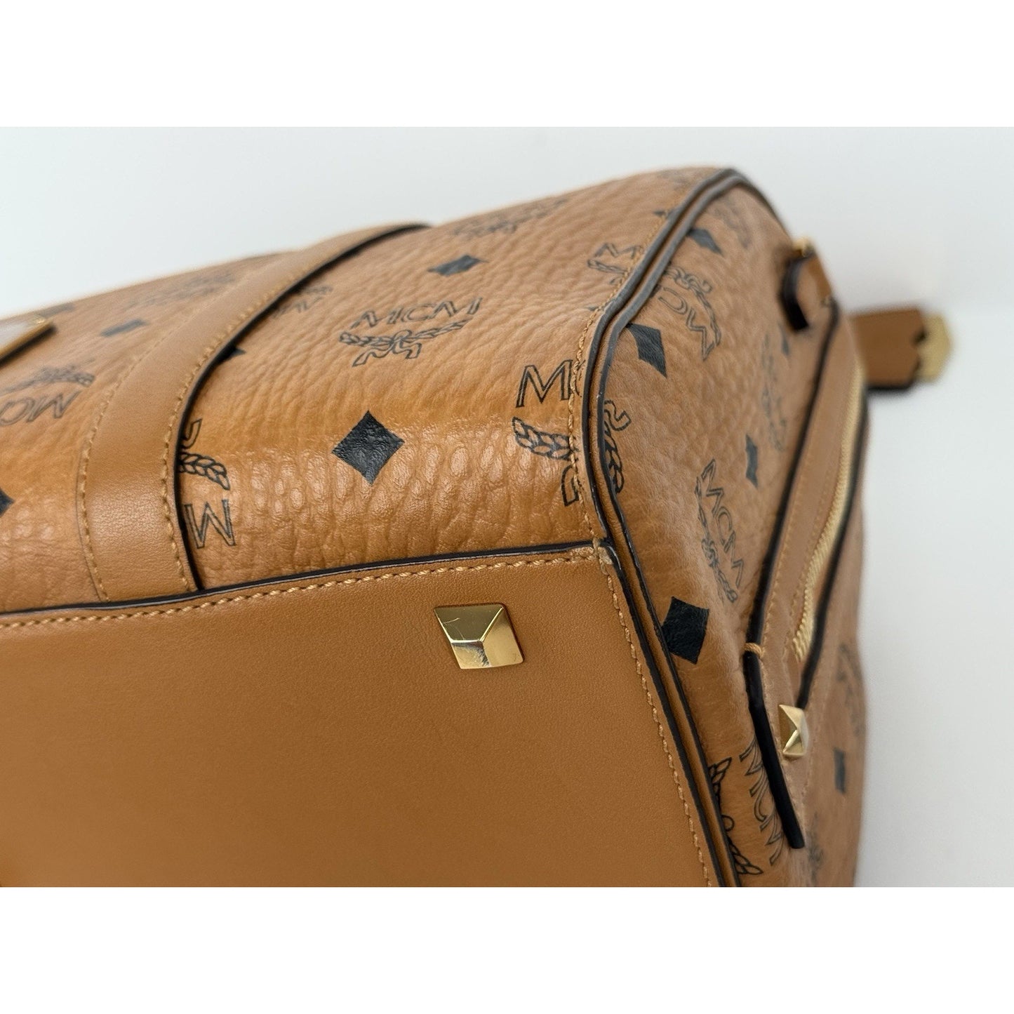 MCM Visetos Cognac Boston Satchel Handbag