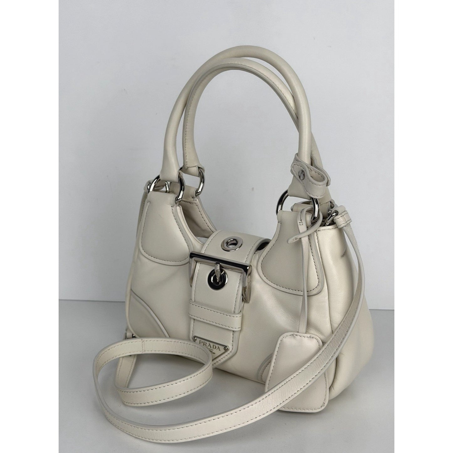 Prada Moon Padded Leather Small Hobo Bag in White Nappa Leather C9