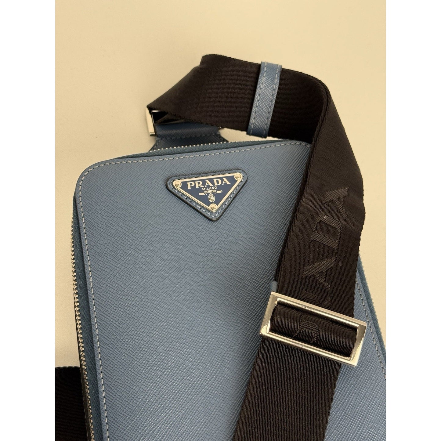 Prada Saffiano Leather Brique Crossbody Messenger Bag Bluette