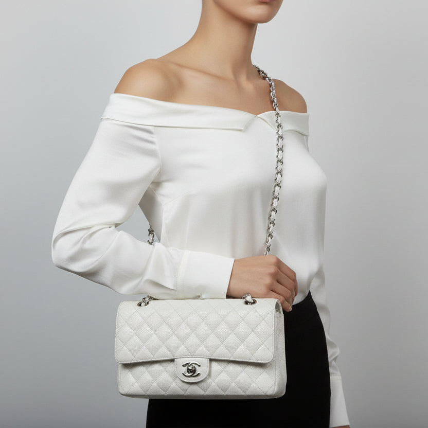 Chanel Classic Medium Double Flap Shoulder Bag in White Caviar Leather 2005-2006 B1