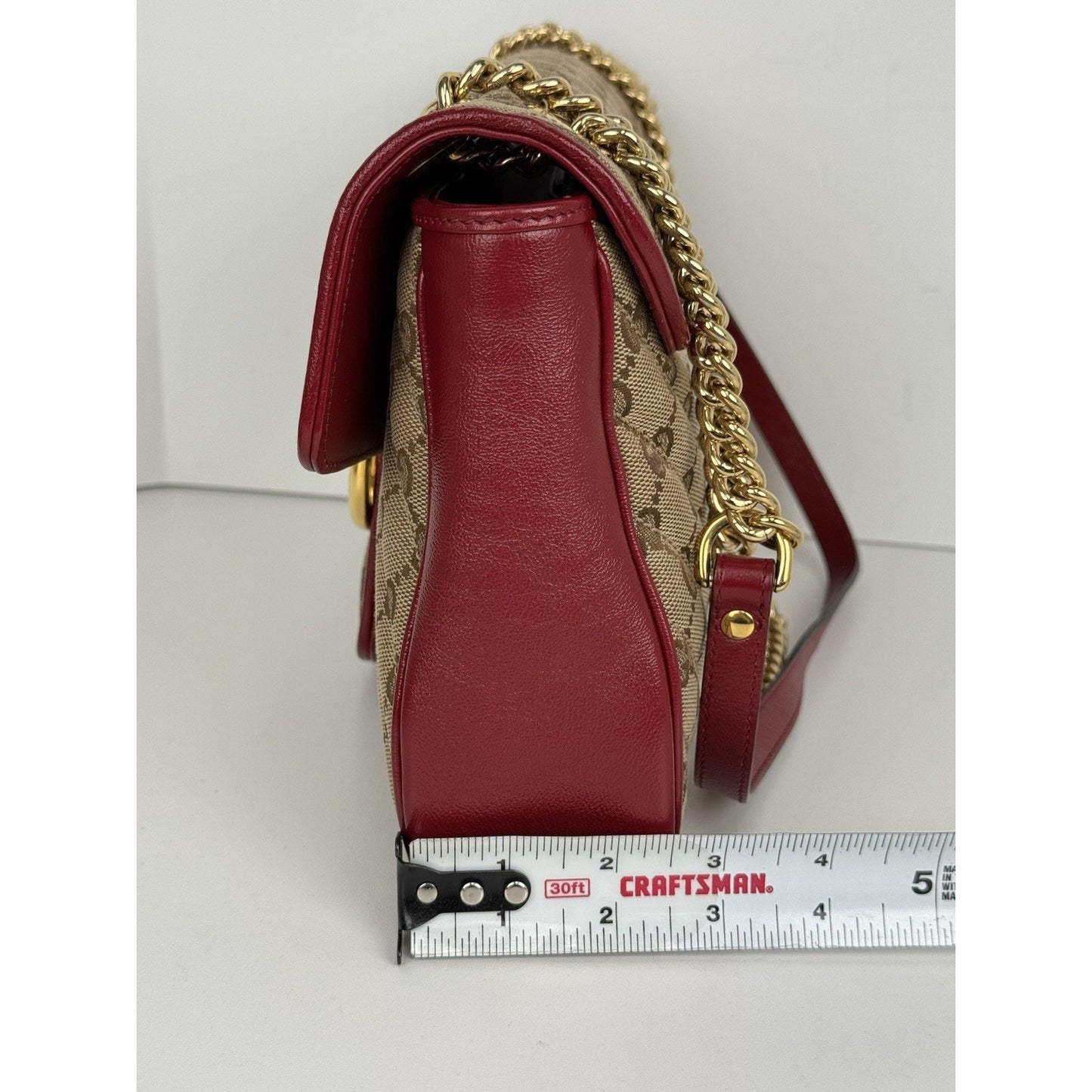 Gucci GG Marmont Monogram Matelassé Diagonal Shoulder Bag Beige and Red