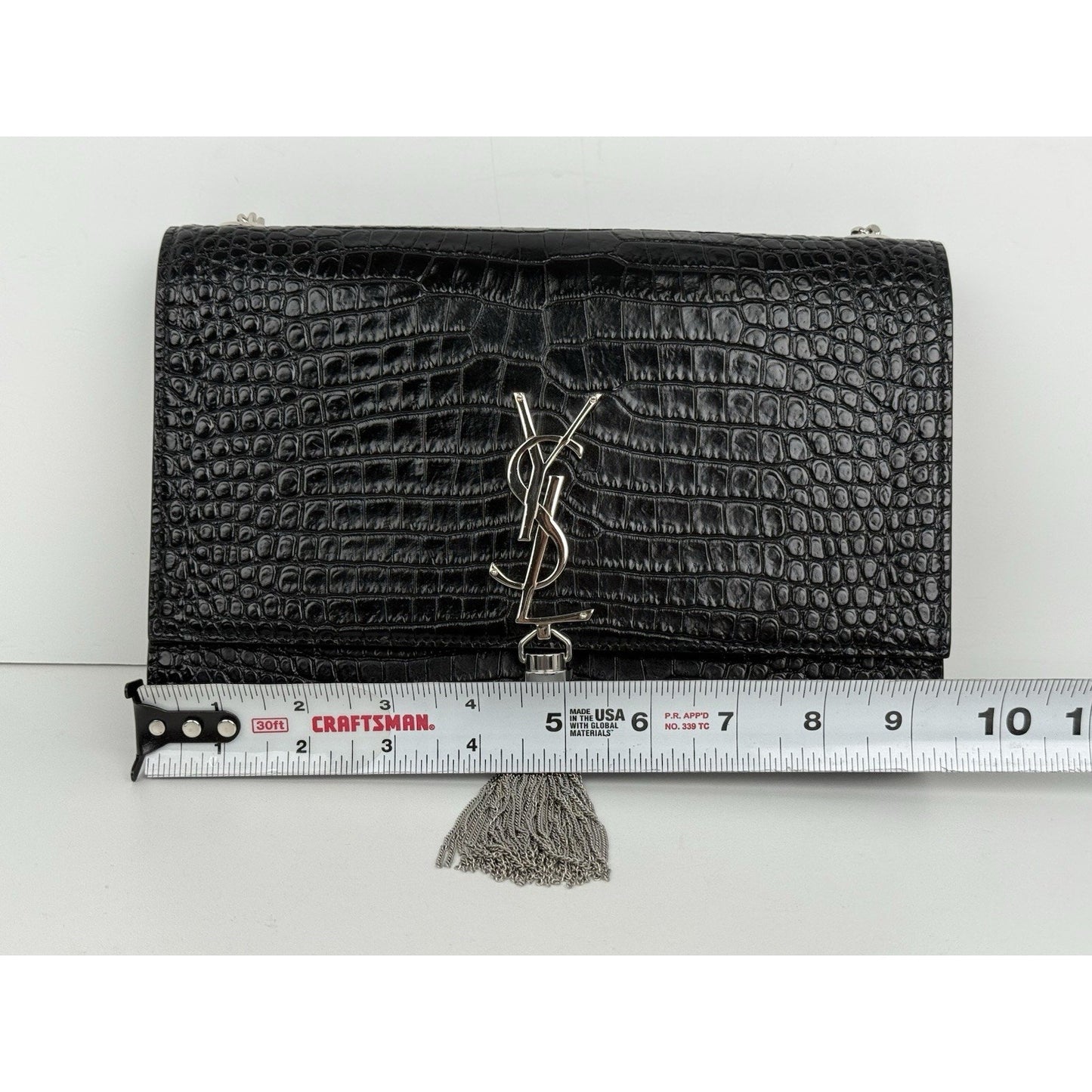 Saint Laurent Kate Tassel Croc-Embossed Leather Shoulder Bag in Black