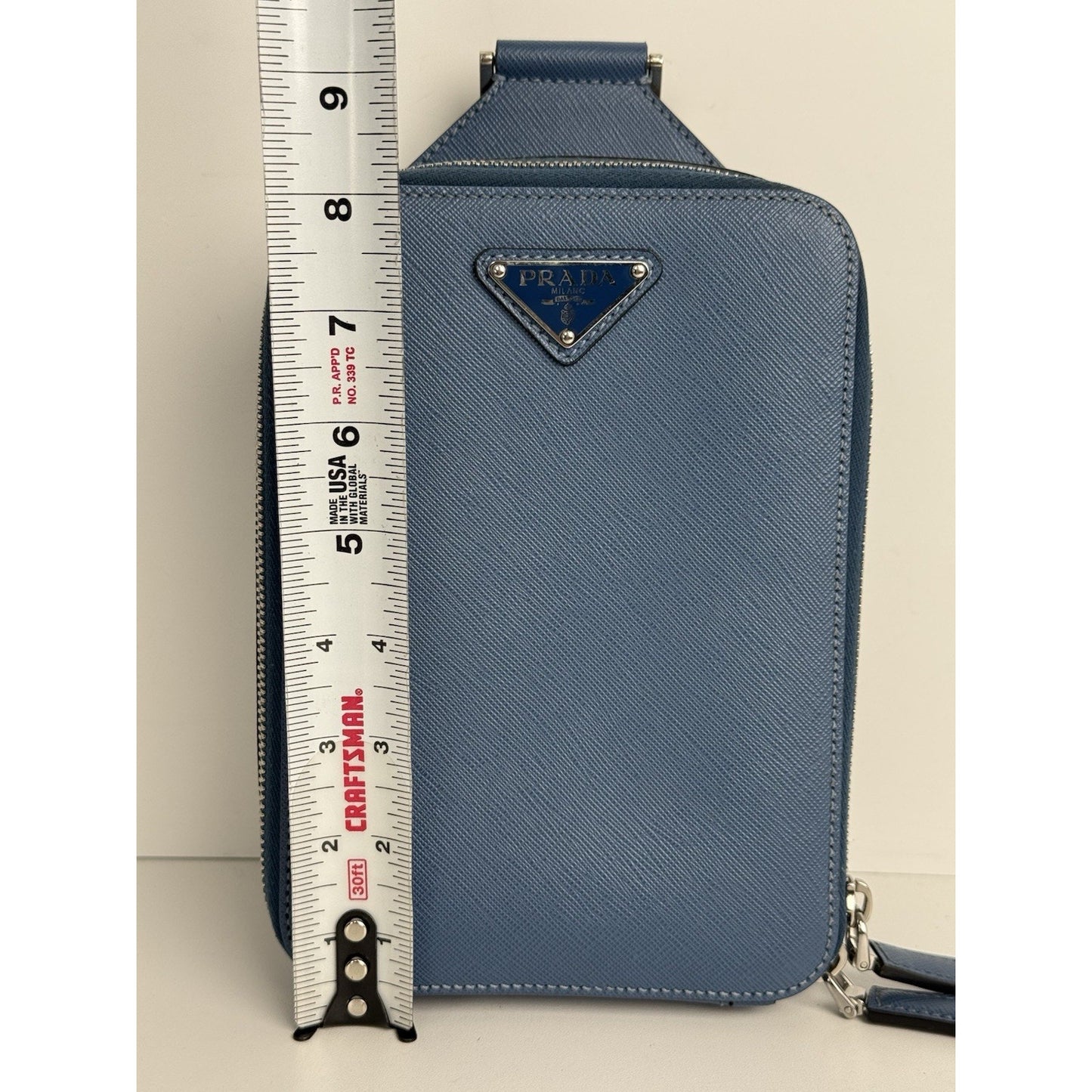 Prada Saffiano Leather Brique Crossbody Messenger Bag Bluette