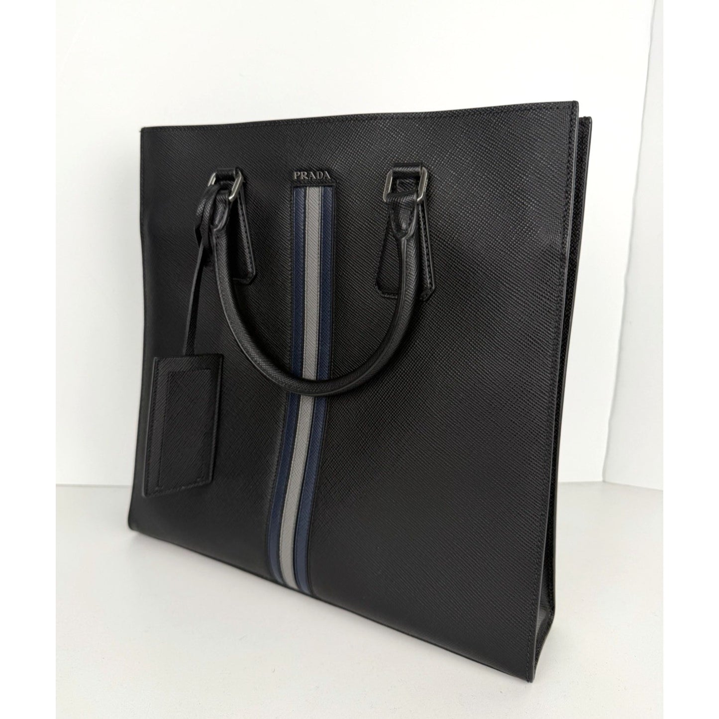 Prada Web Stripe Vertical Tote Bag Large in Black Saffiano Leather S-12