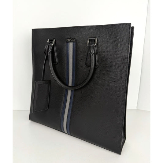 Prada Web Stripe Vertical Tote Bag Large in Black Saffiano Leather S-12