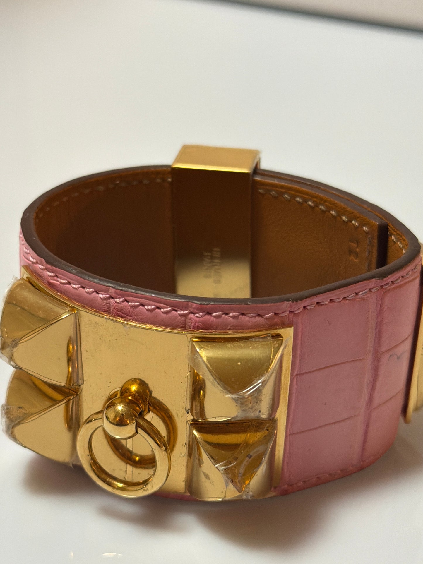 Hermes Alligator Collier De Chien Cuff Wrap Bracelet Pink