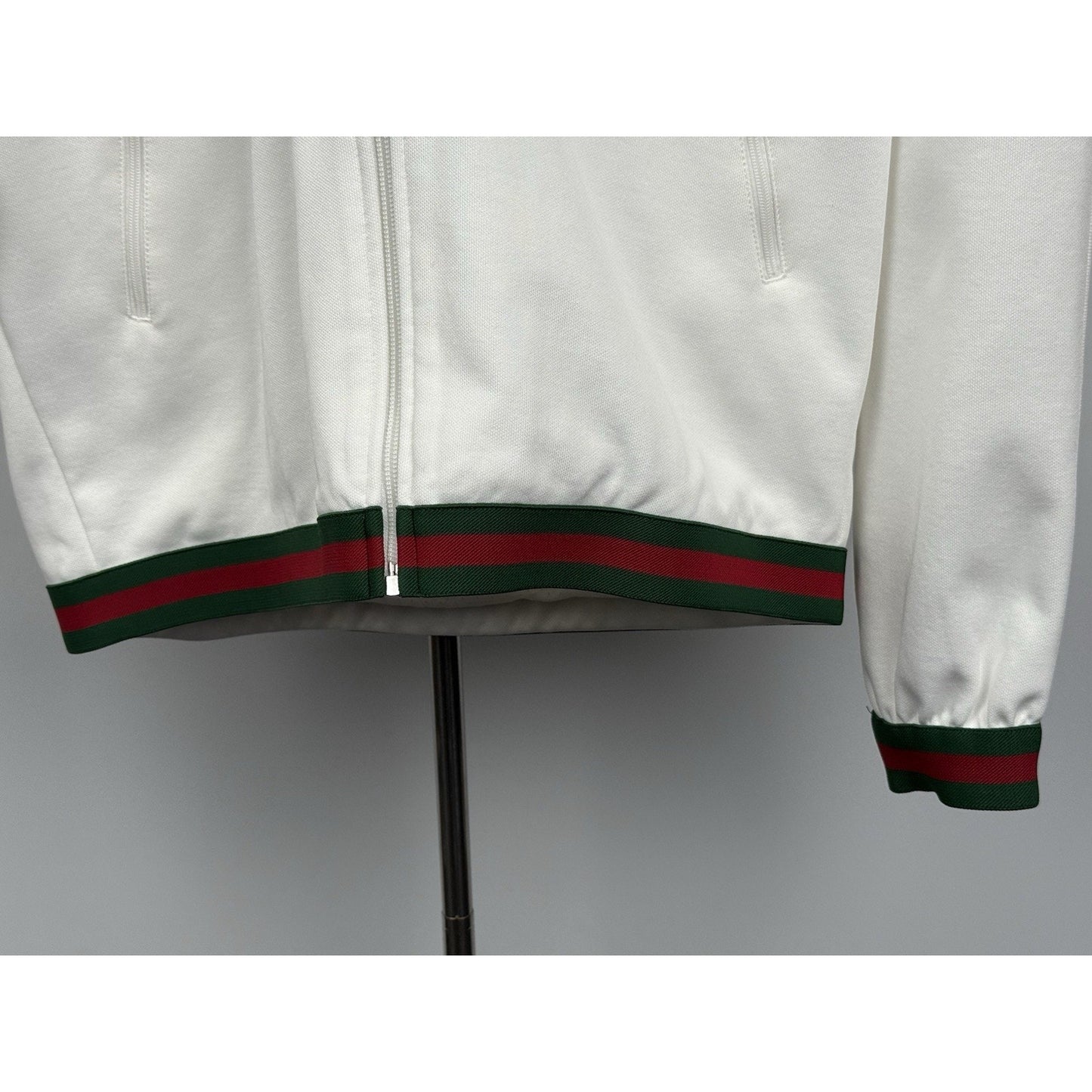 Gucci Men’s White Bomber Jacket with Green and Red Trim, Size S