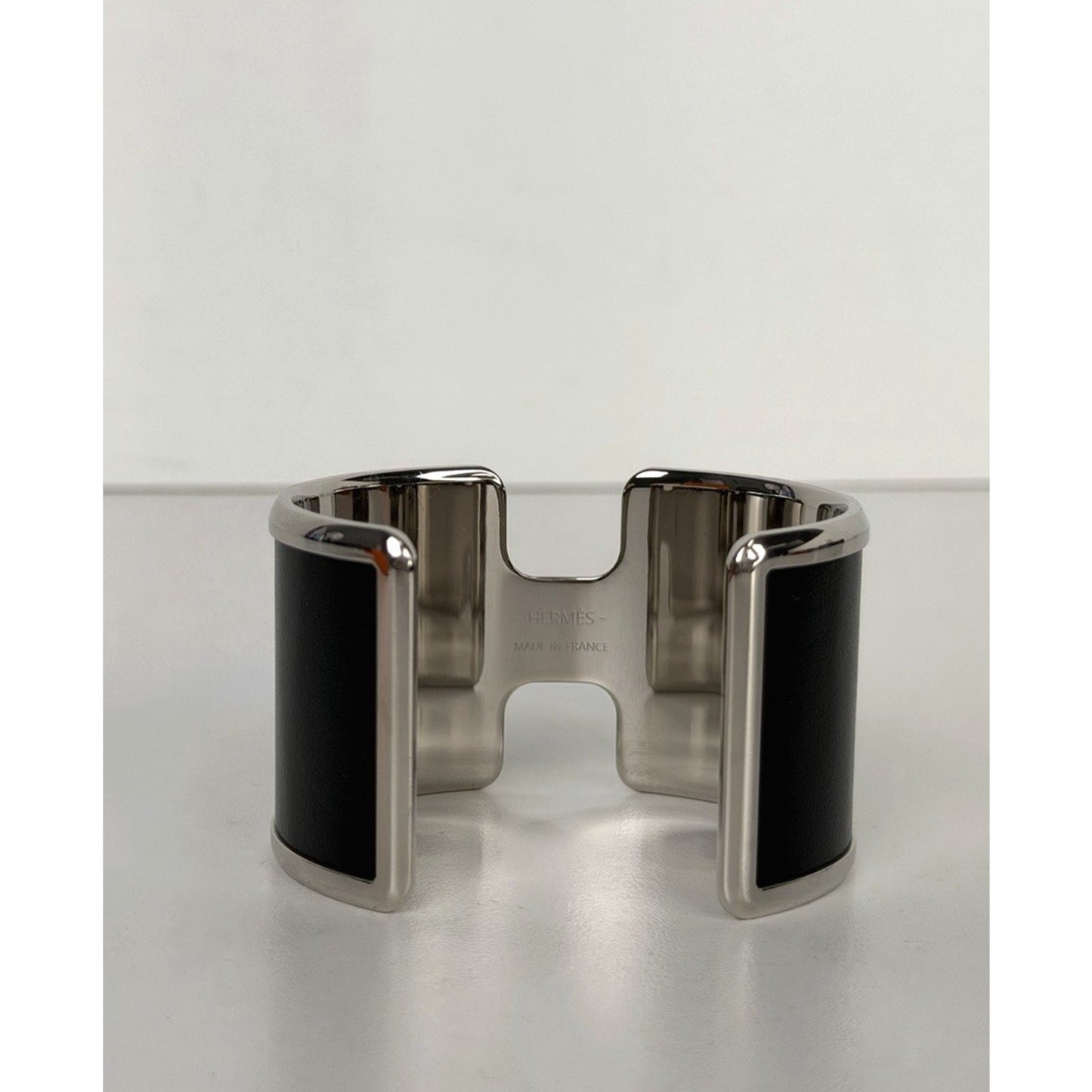 Hermes Olympe Cuff Bracelet in Black Leather and Palladium Plated Metal