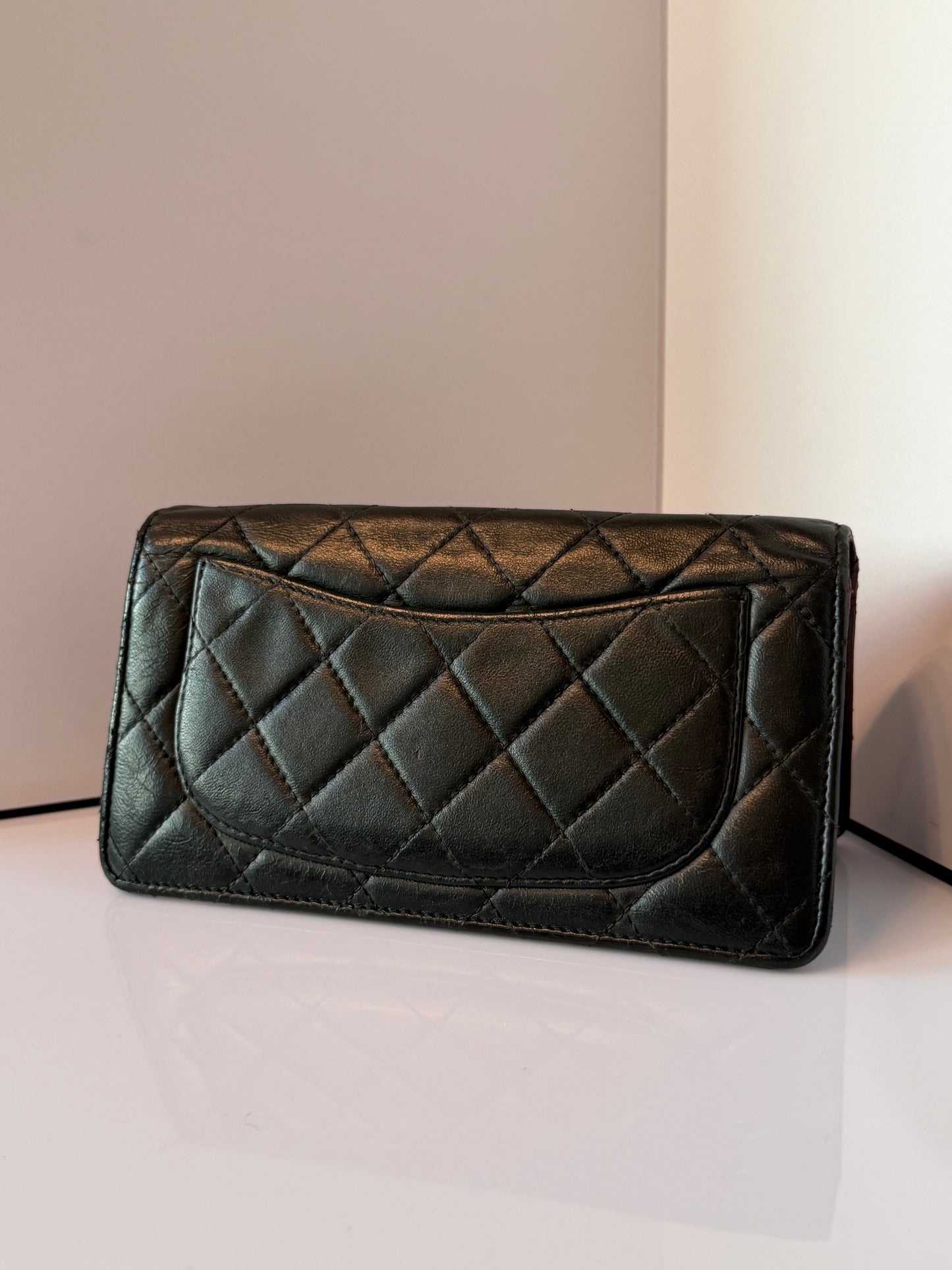 CHANEL Black Quilted Lambskin Leather Yen Wallet K3