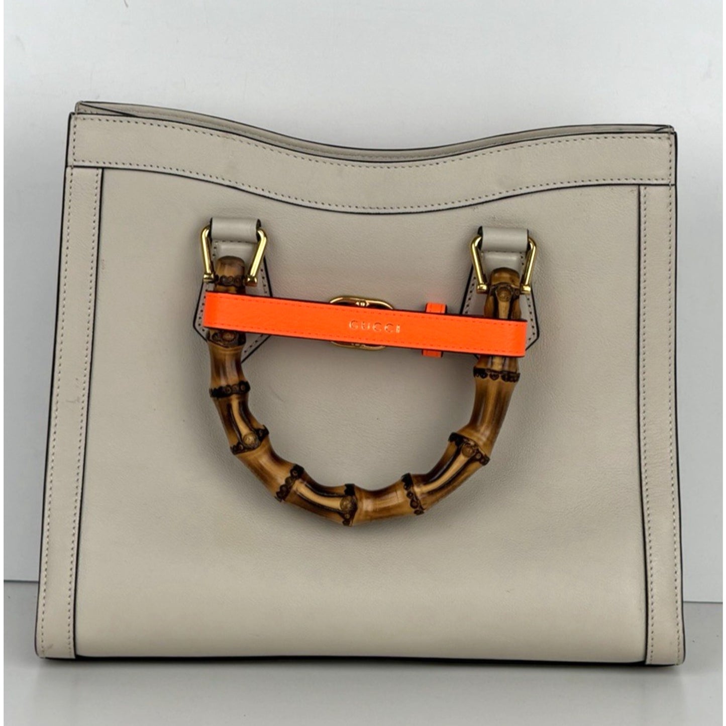 Gucci Diana Small Tote Bag in Beige with Orange Fluo Leather Bamboo Handles B5