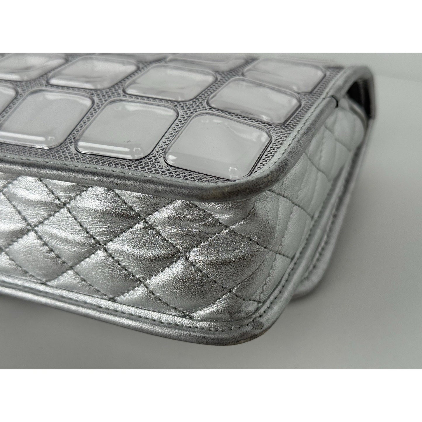 Chanel Classic Flap Ice Cube Chocolate Bar Metallic Silver PVC with Leather Trim