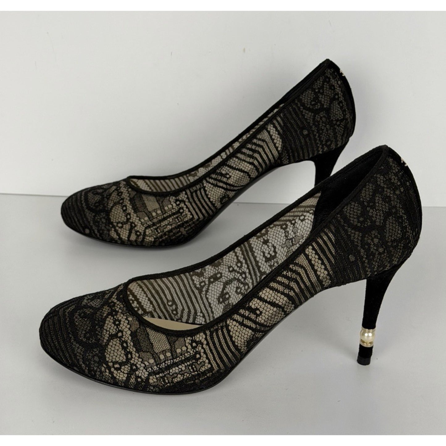 Chanel Black Lace and Mesh Pumps with Suede Heels Size 40