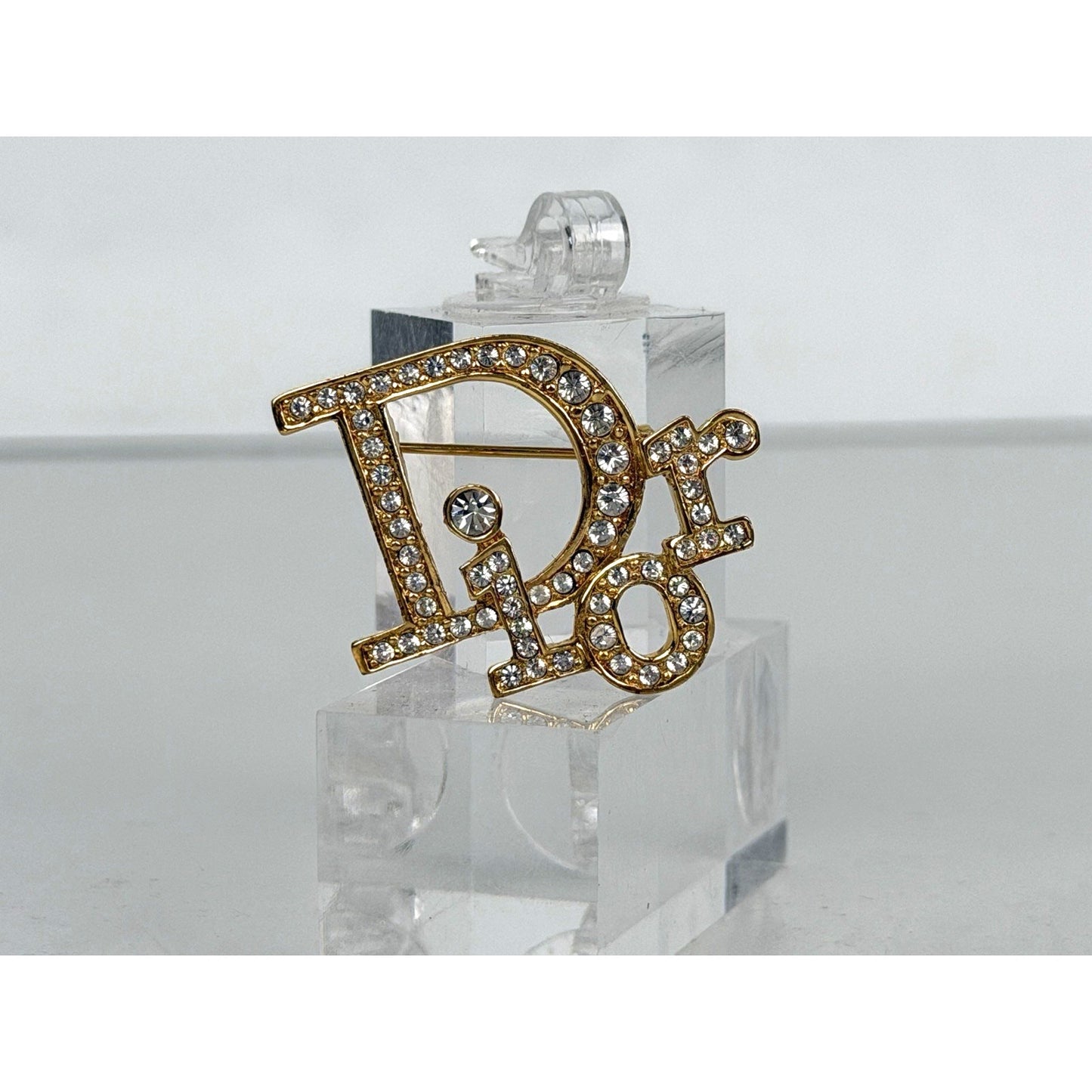 Christian Dior Gold Logo Brooch Rhinestone-Encrusted Letters K3