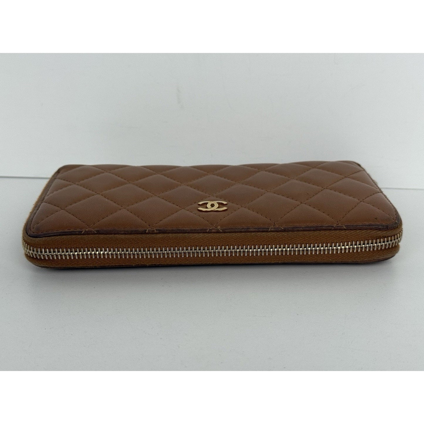 Chanel Timeless Quilted Leather Zip Around Wallet Brown with Gold Hardware