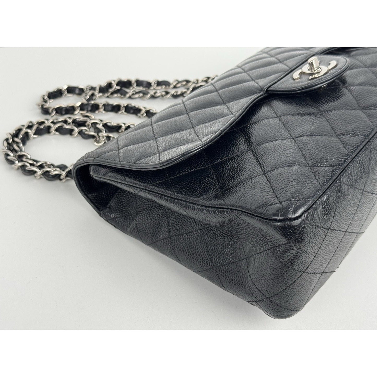 Chanel Jumbo Classic Single Flap Bag in Black Caviar Leather w Silver Hardware