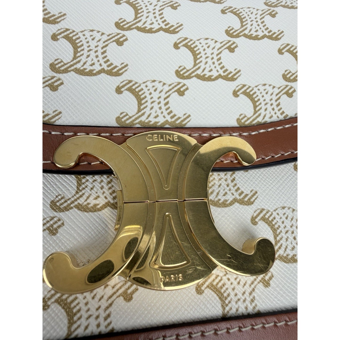 Celine Teen Triomphe Bag in Brown and White Triomphe Canvas and Calfskin S11