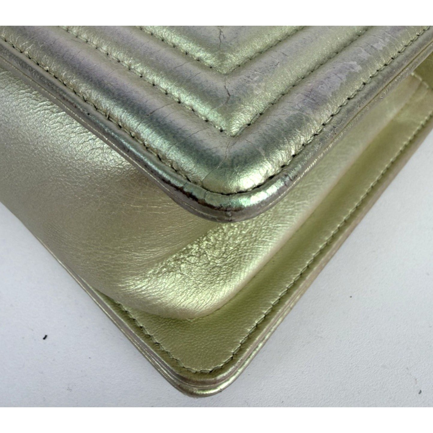 Chanel Old Medium Boy Bag in Iridescent Green Chevron Lambskin 2017 D1