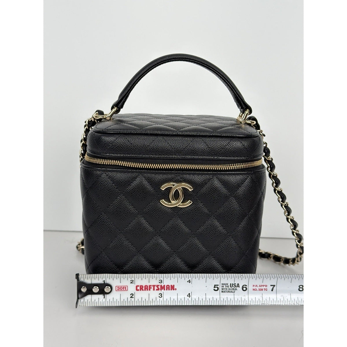 Chanel Vanity Case Top Handle Crossbody Bag Black Quilted Caviar Leather NFC F3
