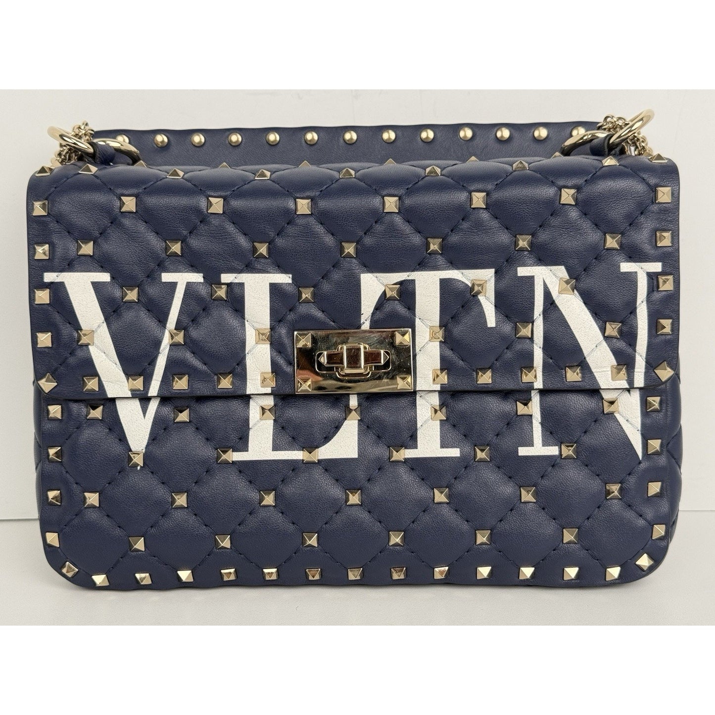 Valentino Garavani Nappa VLTN Print Medium Rockstud Spike Shoulder Bag Navy Blue