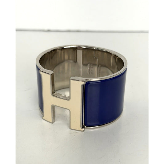 Hermèe Clic H / Clic Clac H Extra Wide Bracelet in Blue Enamel Silver Metal K-3