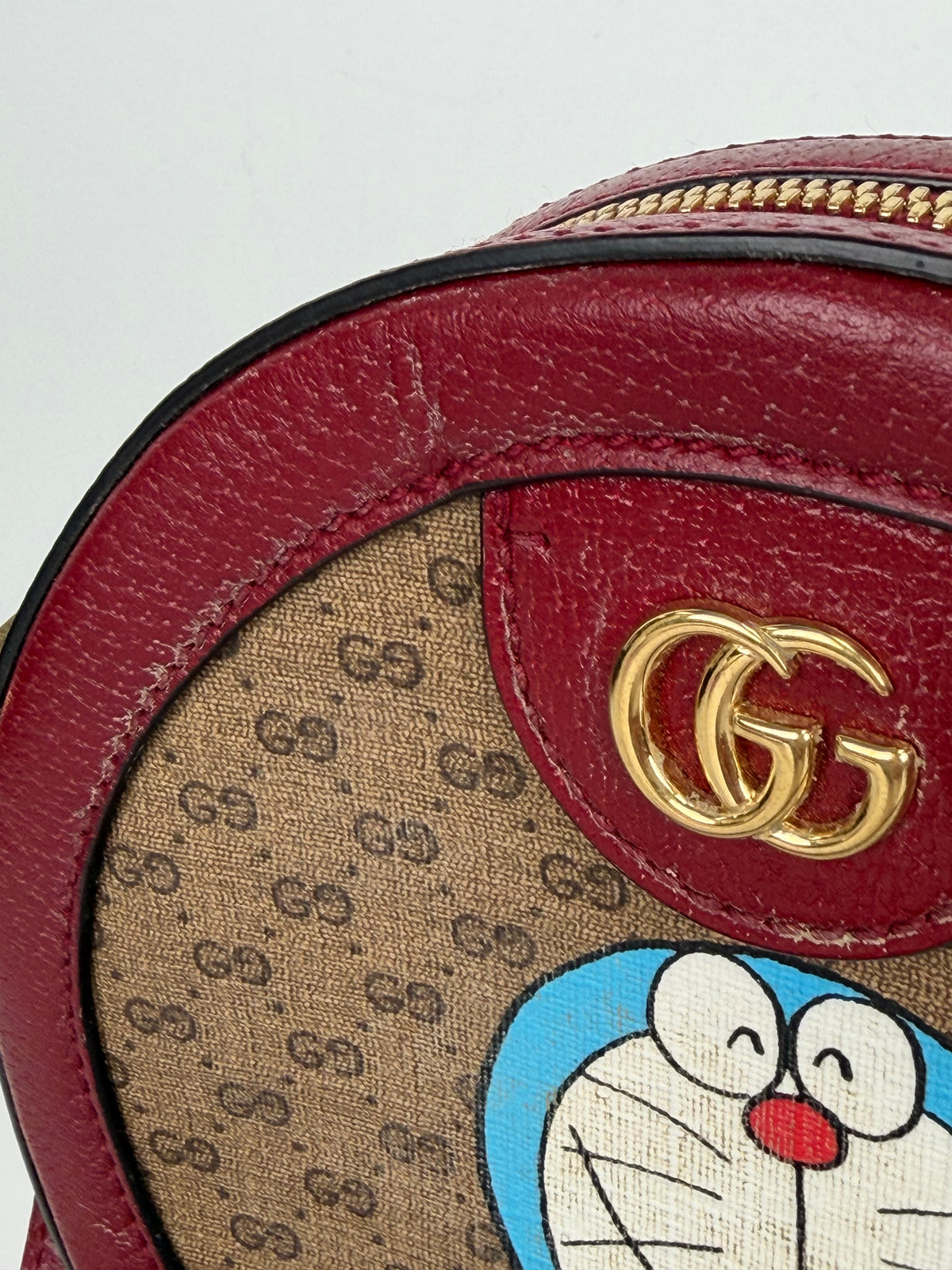 Gucci X Doraemon Mini Round Shoulder Bag in Brown Canvas & Red Leather YS23