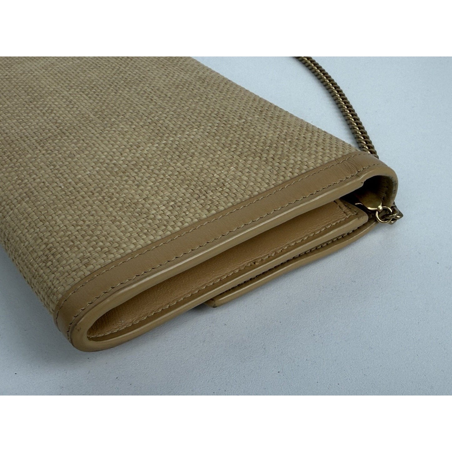 Saint Laurent Micro Raffia Monogram Uptown Chain Wallet – Natural Hay Blush