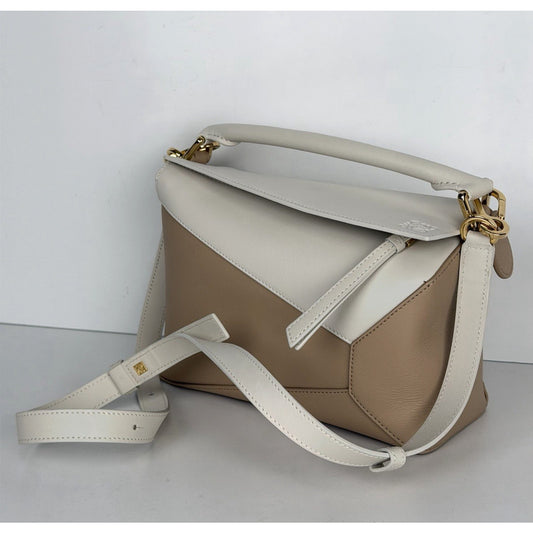 LOEWE Puzzle Edge Shoulder Bag Small in Beige and White Calfskin Leather F3