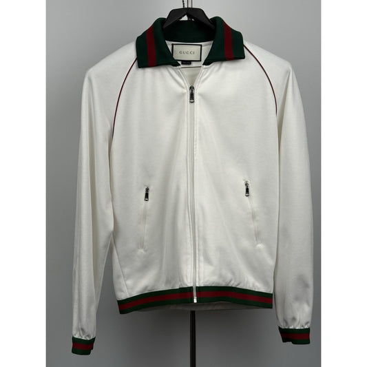 Gucci Men’s White Bomber Jacket with Green and Red Trim, Size S