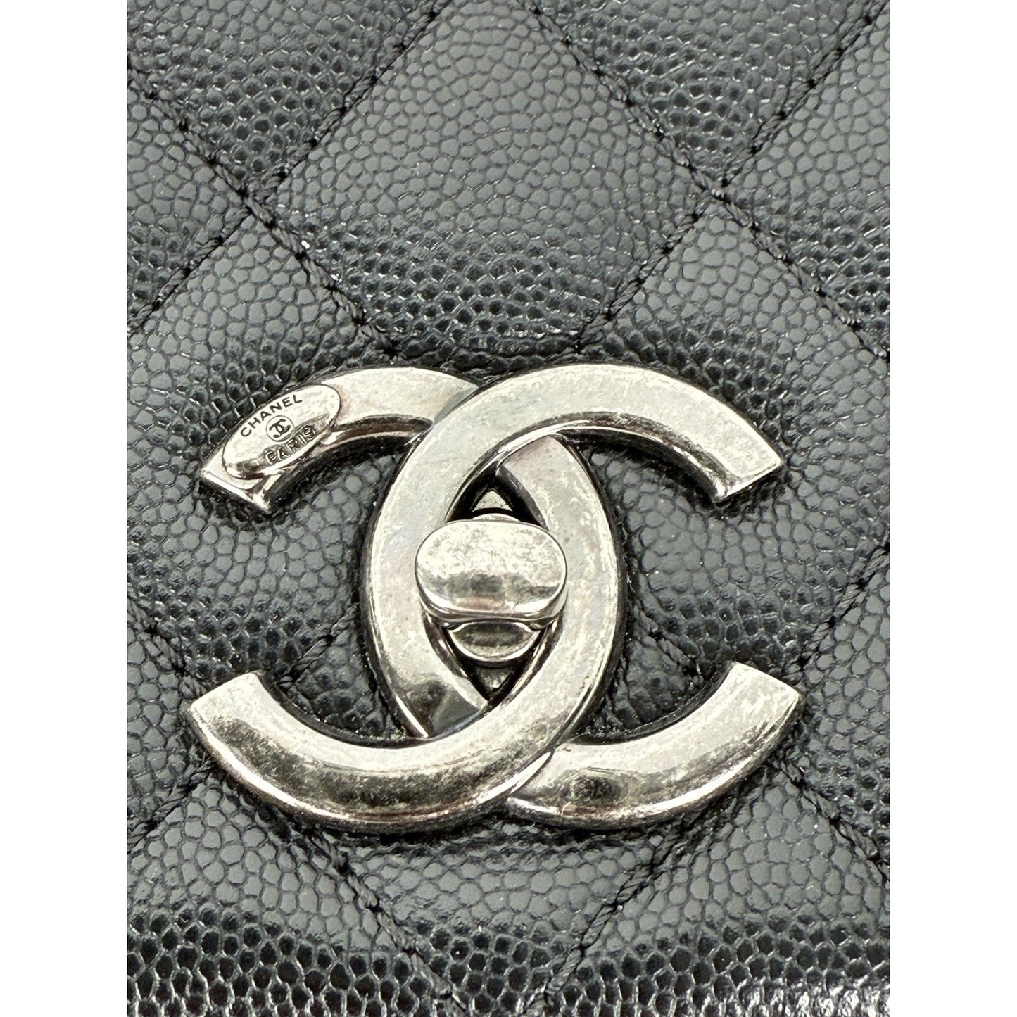 Chanel Caviar Lizard Quilted Larg Coco Handle Flap Black Top Handle Shoulder Bag