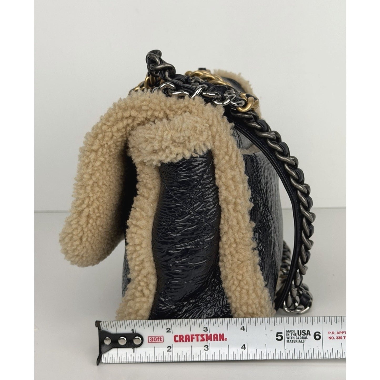Chanel 19 Flap Bag Medium in Black Shiny Crumpled Calfskin and Shearling NFC