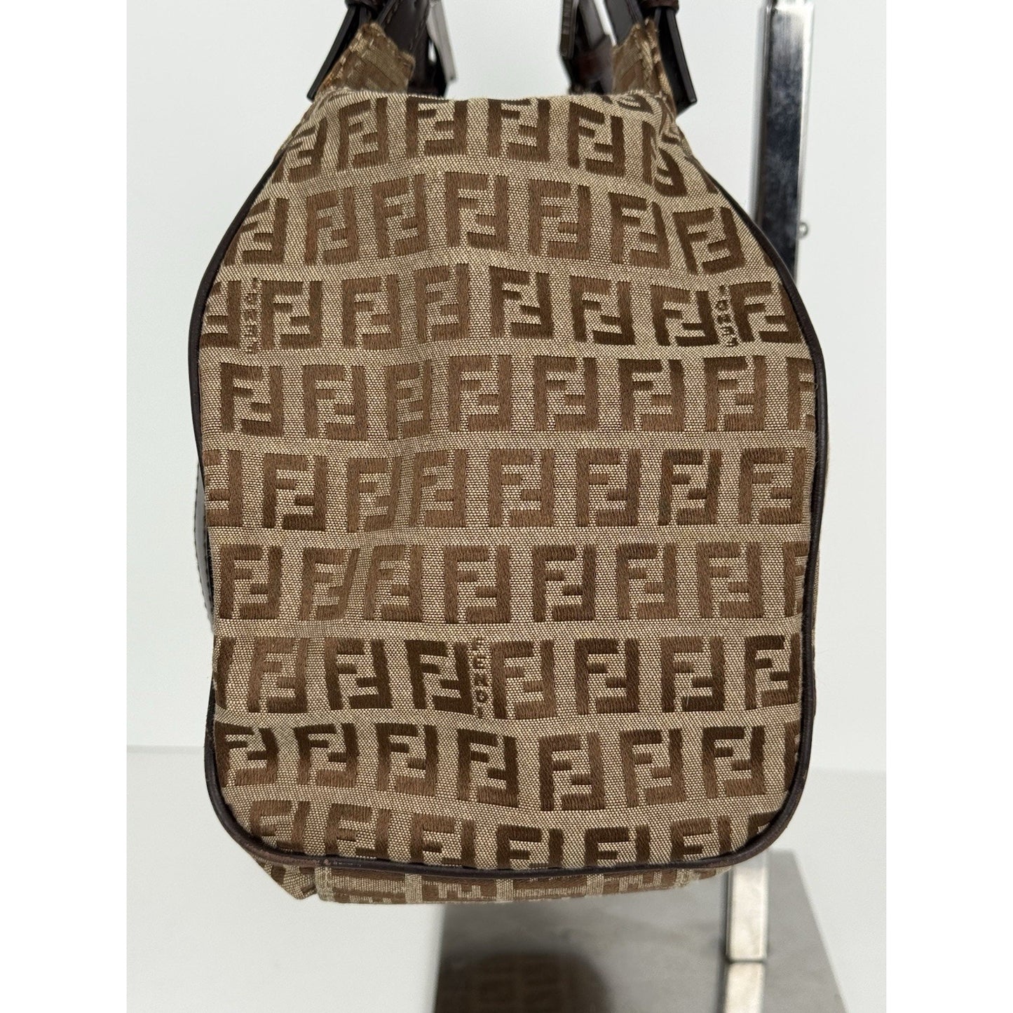Fendi Zucchino Canvas Monogram Bag with Leather Trim and Silver Hardware