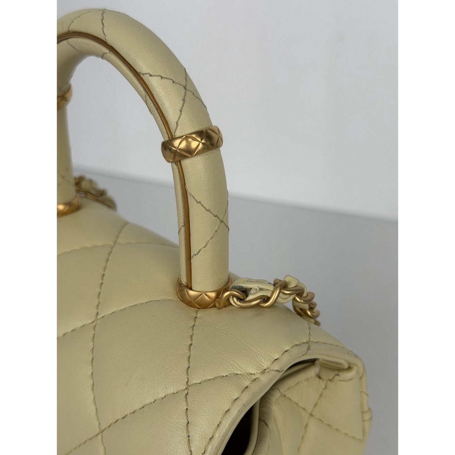 Chanel Crush Top Handle Mini Flap Bag in Pale Yellow or Ivory Leather D5